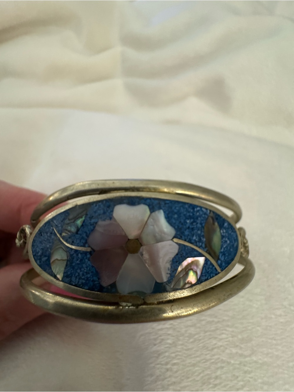 Mother-of-Pearl Floral Cuff Bracelet in Blue